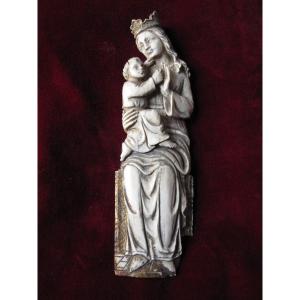 Virgin And Child Carved In Bone. XIXth Century In The Taste Of Virgins Of The Gothic Era