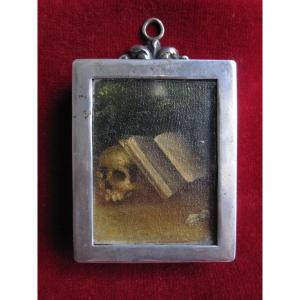 Reliquary. Memento Mori In Silver Metal With Small Oil Painting And Relic