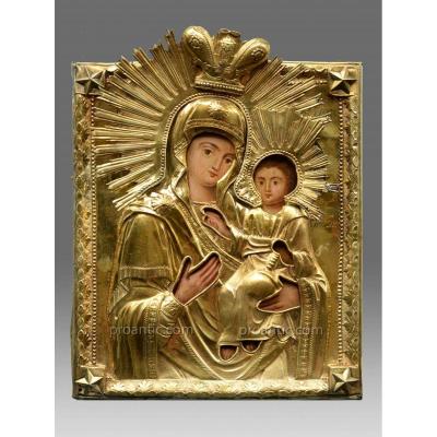 Icon Of The Virgin Smolenskaja With Riza In Silver
