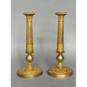 Pair Of Gilt Bronze Candlesticks Empire Period Circa 1800-1820