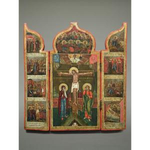 Icon, Icon, Triptych, Russia, 19th Century, Crucifixion Of Christ