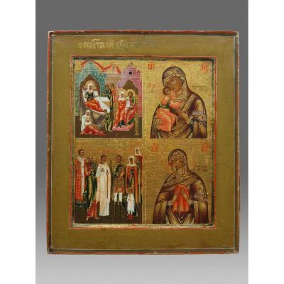Icon Fourpartite Russia 18th Century Palecher Or Moscow School - Icon Icon Ikone