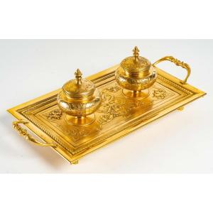 19th Century Double Inkwell In Gilt Bronze