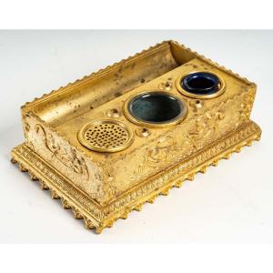 Pretty 19th Century Inkwell With Its Two Ink Receptacles And The Pad Support