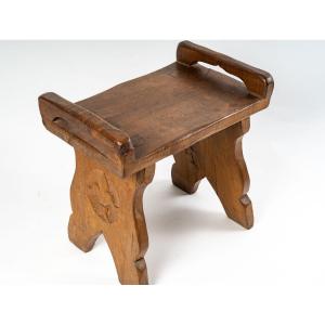 Stool In Carved Wood, Oak, 1950-1960.