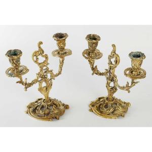 Pair Of Small Bronze Candelabra From The 19th Century