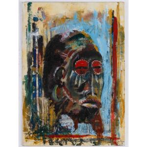 Oil On Canvas, Painting Of An African Mask By Yves Farbos.