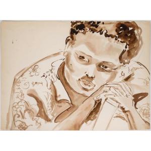 Water Painting On Paper, Portrait Of An African Woman, 20th Century.