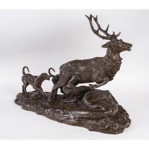 Patinated Bronze Sculpture, Deer And Hunting Dog, 19th Century.