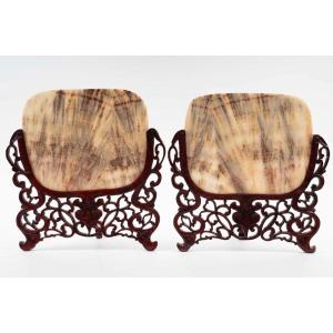 Pair Of Light Covers In Carved Wood And Transparent Marble Slab, Asian Art, 19th Century