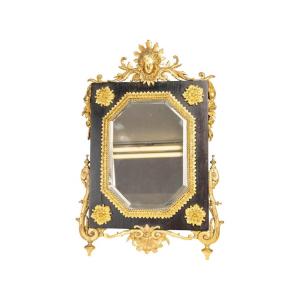 Napoleon III Period Table Mirror In Chiseled And Gilded Bronze On Ebony.