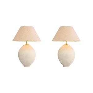 Pair Of Sand-colored Terracotta And Brushed Brass Table Lamps.