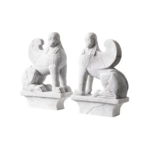 Sculpture, Pair Of White Marble Sphinxes, Statue In The Style Of Ancient Egypt
