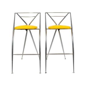 Pair Of 1980s Stools In Chrome Metal And Leatherette, Designer Stools.