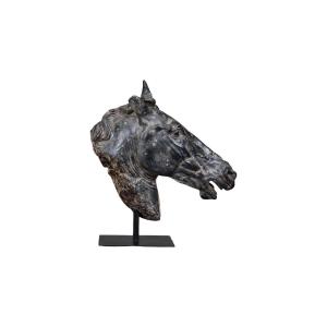 Large Sculpture Of A Black Horse's Head.