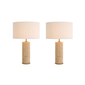 Pair Of Travertine And Patinated Brass Table Lamps.