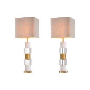 Pair Of Table Lamps In Patinated Brass, White Marble And Crystal.