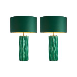 Pair Of Table Lamps In Green Cracked Ceramic And Patinated Brass Finish.
