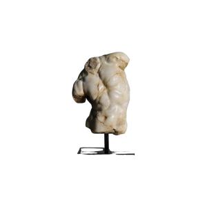Black Apollo Torso Sculpture, Small Size, Resin And Metal Base.