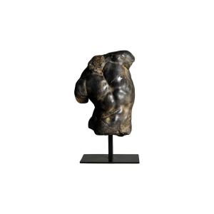 Black Apollo Torso Sculpture, Small Size, Resin And Metal Base.