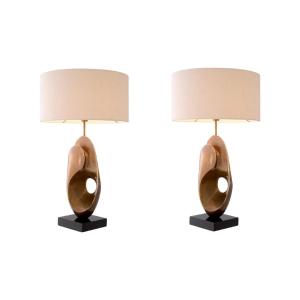 Pair Of Table Lamps In Patinated Brass And Black Granite Base.
