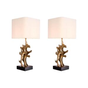 Pair Of Table Lamps In Patinated Brass And Black Granite Base.