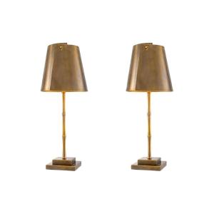 Pair Of Patinated Brass Table Lamps With Bamboo Decoration.