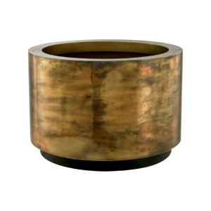Round, Wide Planter In Patinated Brass With A Black Base, Handcrafted.