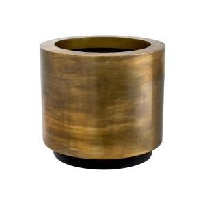 Round Planter, Patinated Brass Finish, Black Base, Functional Elegance.