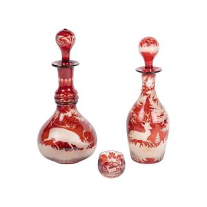 Engraved Bohemian Crystal Oil And Vinegar Set And A Small Salt Cellar, Napoleon III Period, XI