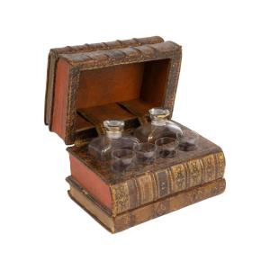 Fake Book Concealing 2 Liqueur Decanters, Napoleon III Style, Early 20th Century.
