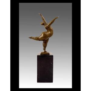 Bronze Statue, Sculpture Of A Nude Dancer In Balance, Marble Base.