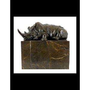 Statue, Bronze Sculpture Of A Rhinoceros, Marble Base