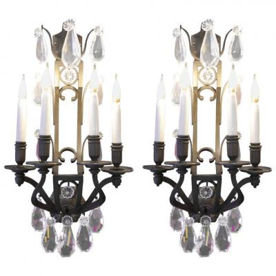 Pair Of Important Sconces In Bronze With Crystals From The 19th Century.