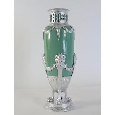 Celadon Vase In Faience, With Silver Plate And Silver Leaf