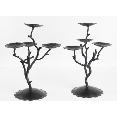 Pair Of Candelabra 4 Branches, XXth Century, Modern Art