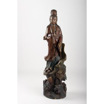 Guanyin In Carved Wood And Polichrome, China, Early 20th Century, Asian Art