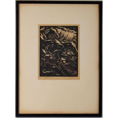 Engraving, Signed, 1928, Representative Stylized Horses Running, Framed