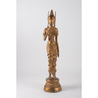 Indonesian Goddess In Gilded Metal Holding A Lotus Flower, 1920-1940