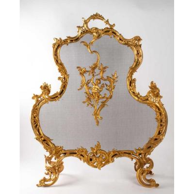 Important Firewall In Golden Broze Of XIXth Century, Epoque Napoleon III, Large Decoration