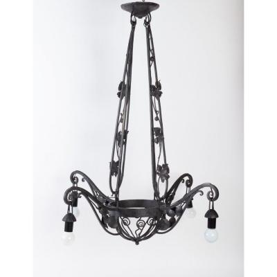 Art Deco Chandelier, 1930, Wrought Iron, 4 Lights