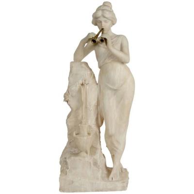 Alabaster, 19th Century, Woman With A Flute Beside The Fountain, Bronze Flute