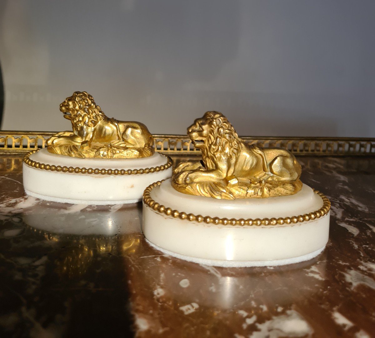 Coppia di leoni in bronzo dorato-photo-3