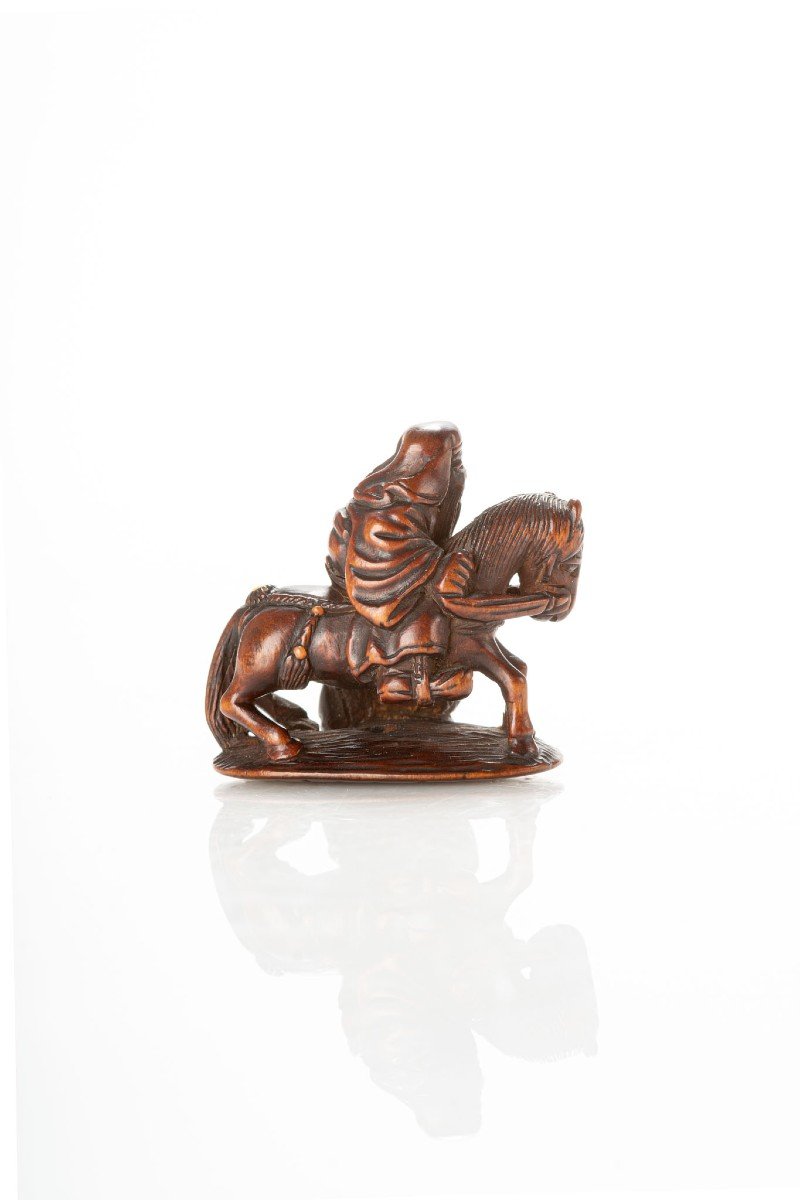 Netsuke in legno di bosso saggio a cavallo -photo-2