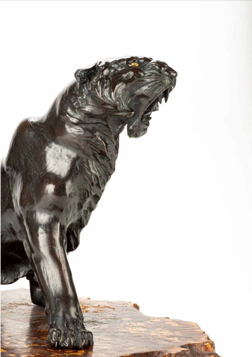 Okimono in bronzo di ottima qualità raffigurante lo studio di una potente pantera-photo-3