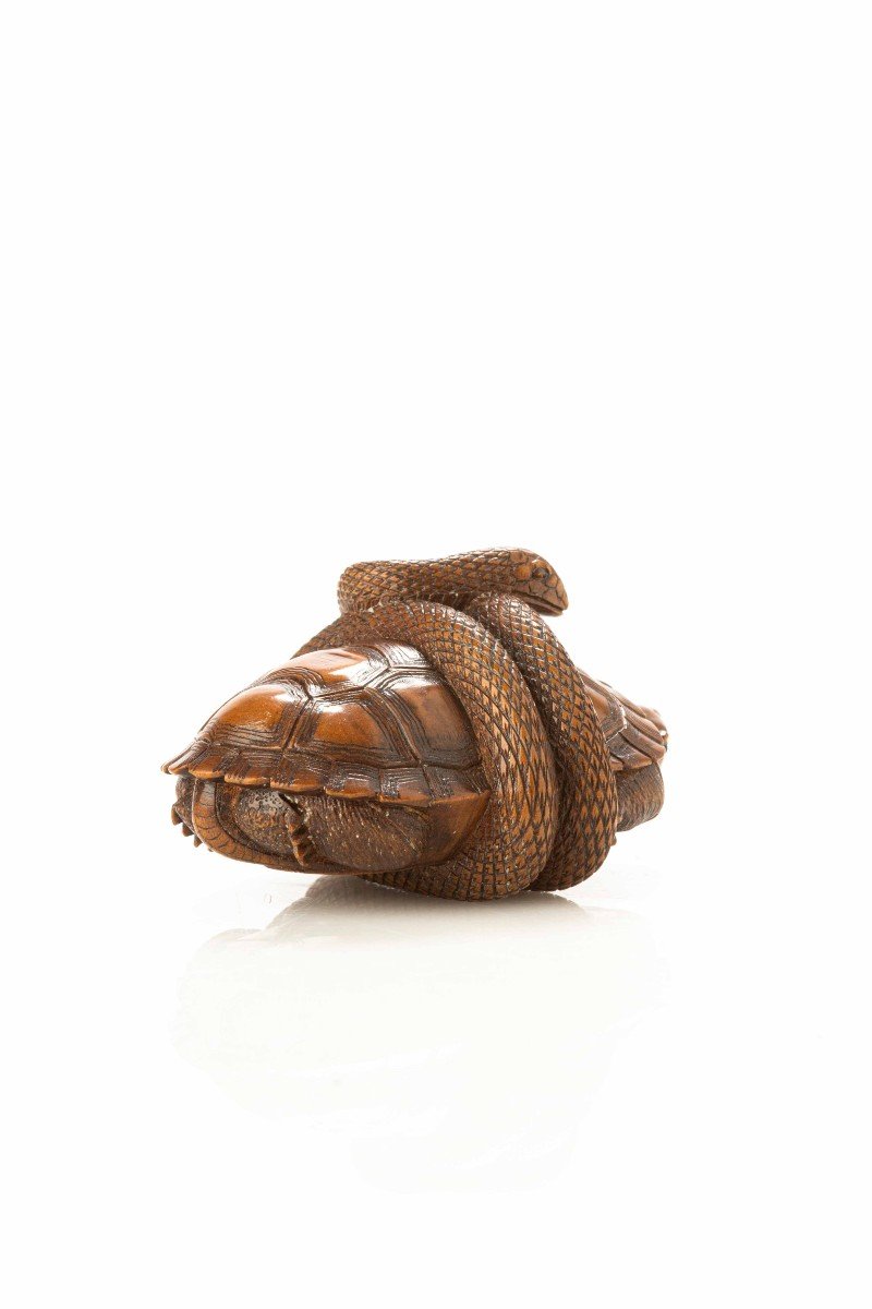 Netsuke in legno di bosso raffigurante un serpente attorcigliato attorno a una tartaruga-photo-2