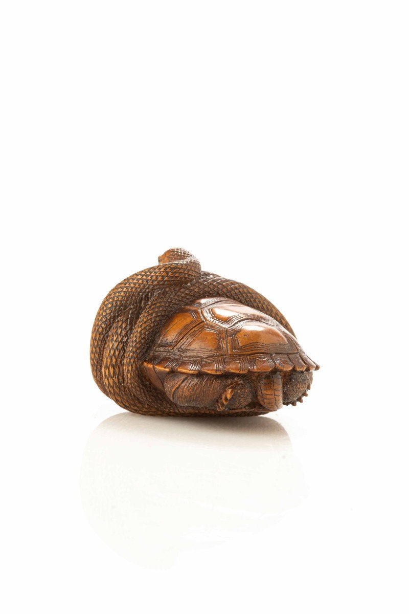 Netsuke in legno di bosso raffigurante un serpente attorcigliato attorno a una tartaruga-photo-3