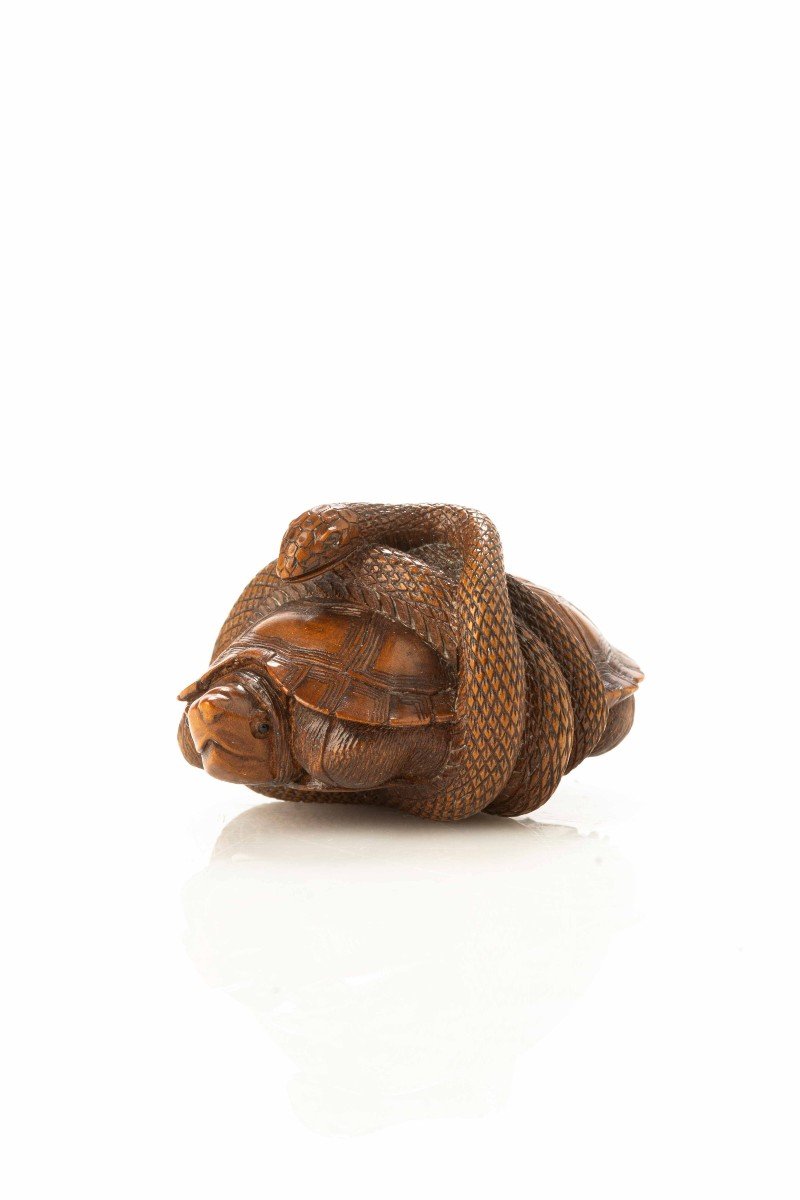 Netsuke in legno di bosso raffigurante un serpente attorcigliato attorno a una tartaruga