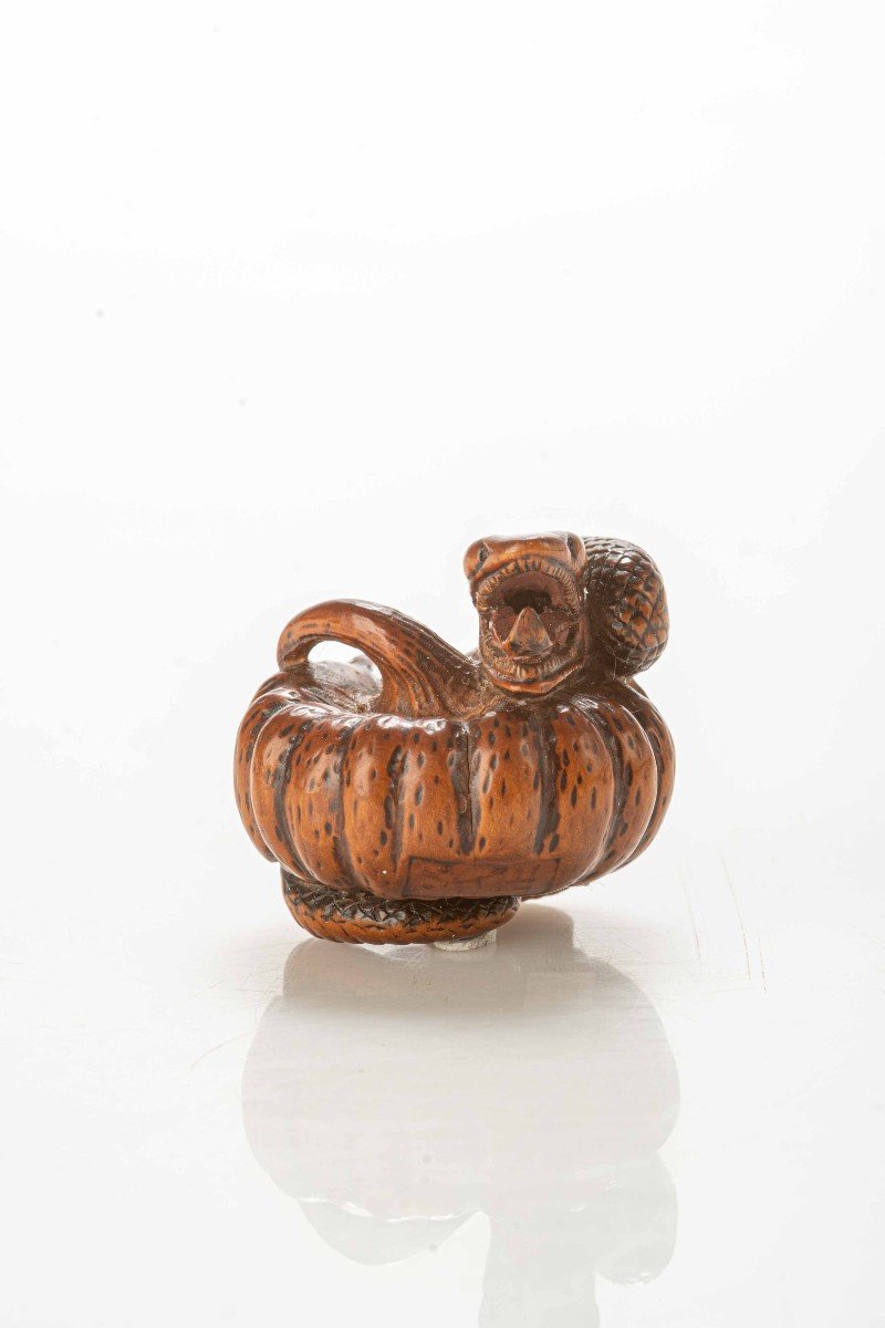 Netsuke in legno di bosso raffigurante un serpente che avvolge una zucca-photo-2