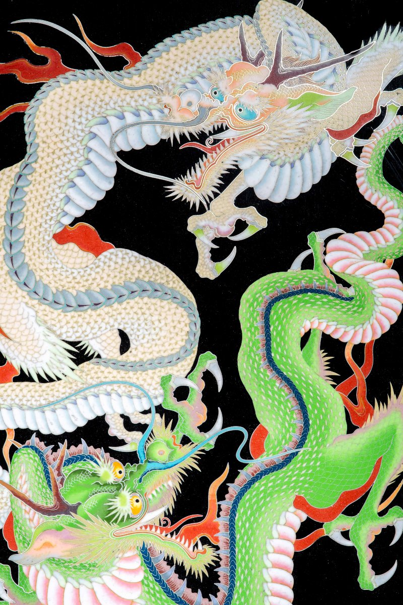 Placca cloisonné raffigurante due draghi Ryu con le fauci spalancate-photo-2